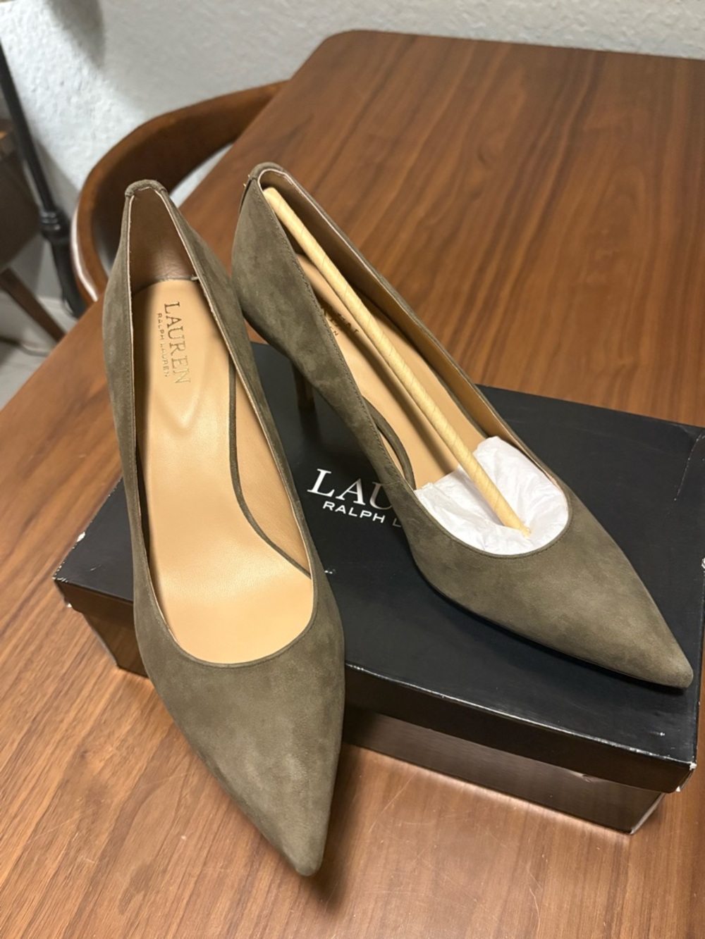 Lauren Ralph Lauren Olive Green Suede Pointed-Toe Pumps